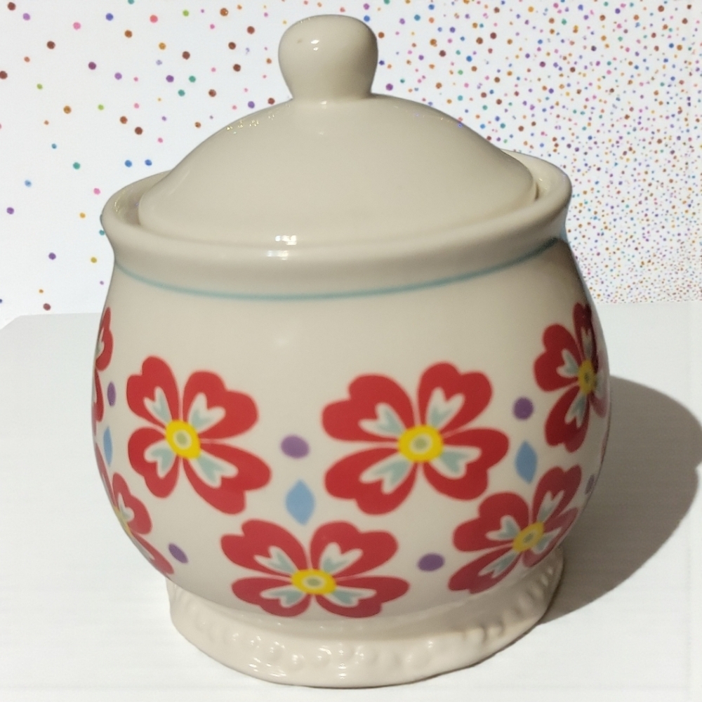 Pioneer Woman Stoneware Retro Flea Market Sugar Bowl & Lid Red Floral Farmhouse